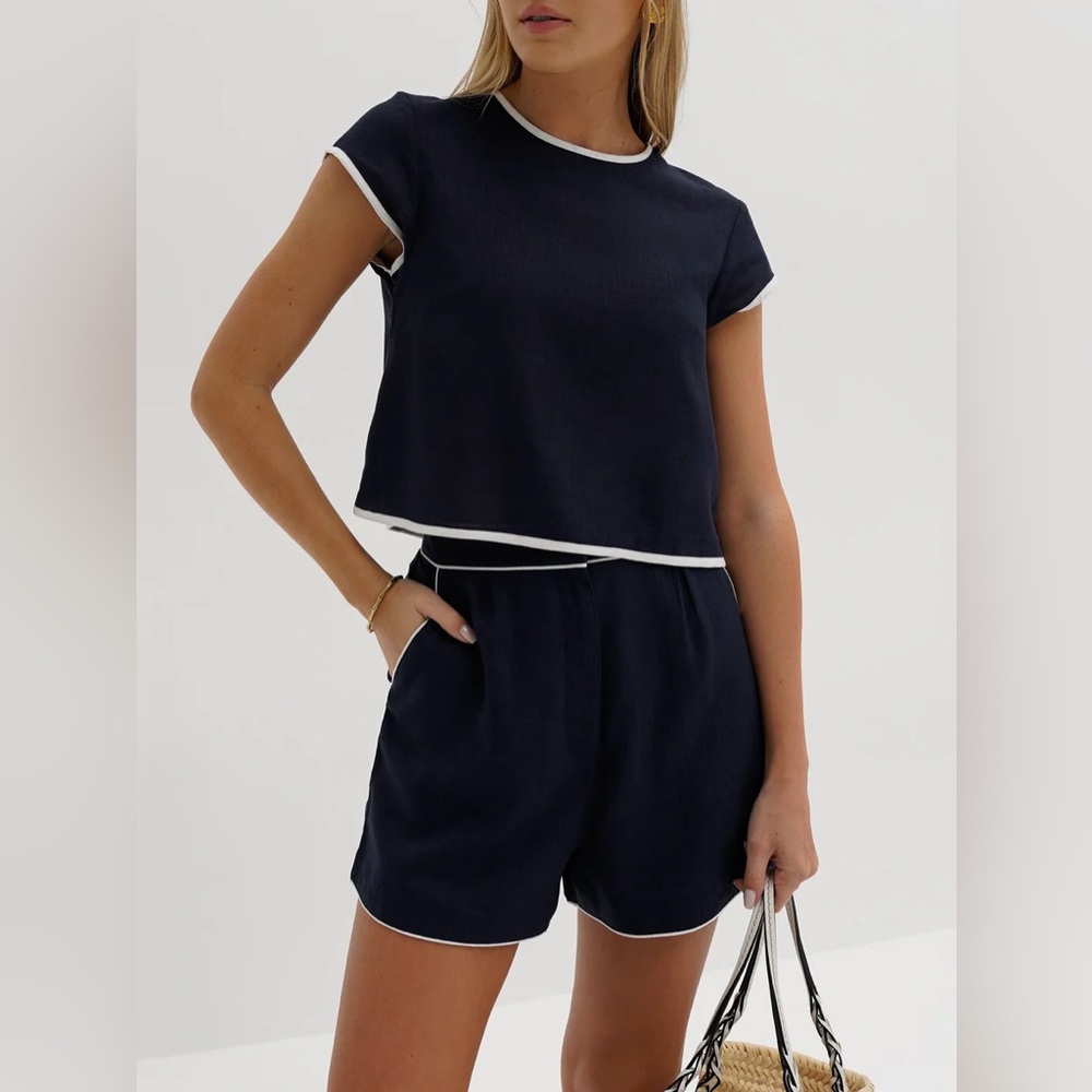Commense Pure Cotton Contrast Trim Shorts Set in XS